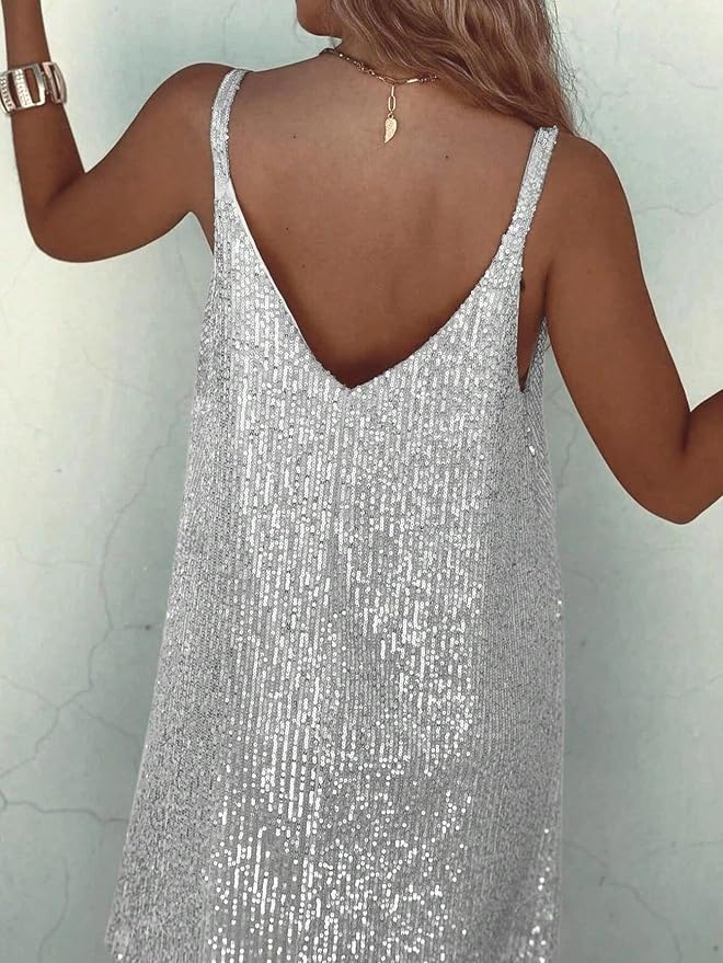 Women's Gold Sequin Deep V Slip Mini: Sleeveless Sparkly Party & Cocktail Style.