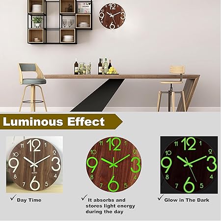 12 inch Luminous Wooden Round Silent Non-Ticking Quartz Wall Clocks, Large Numbers and Hands, Easy to Read Both Day and Night (Large Digital)