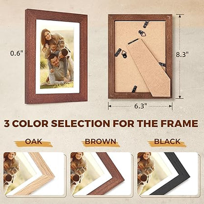 5x7 Oak Picture Frame with Mat for 4x6, Solid Wood Photo Frame for Wall or Tabletop Display, Unqiue Gift for Wedding Birthday Christmas (Brown, 1pc)