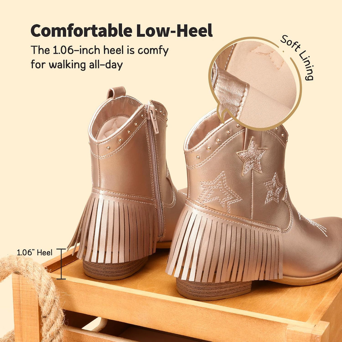 DREAM PAIRS Girls Cowboy Cowgirl Western Boots | Tassel star soft lining low-heel ankle cow girl boots pull-on riding shoes with soft lining