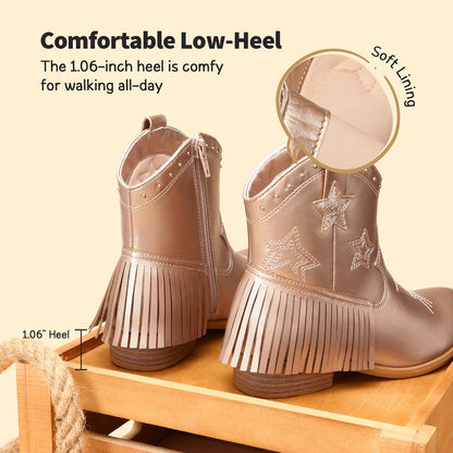 DREAM PAIRS Girls Cowboy Cowgirl Western Boots | Tassel star soft lining low-heel ankle cow girl boots pull-on riding shoes with soft lining