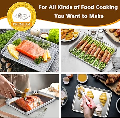 PP CHEF Toaster Oven Pan and Rack Set, Stainless Steel Toaster Oven Tray Broiler Pan with Cooling Rack for Baking, Non Toxic  Heavy Duty, Mirror Finish  Dishwasher Safe - 10.4 Inch