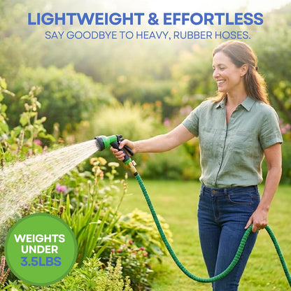 J&B XpandaHose 50ft Expandable Garden Hose with Holder - Heavy Duty Superior Strength 3750D - 4 -Layer Latex Core - Extra Strong Brass Connectors and 10 Spray Nozzle w/Storage Bag (Green 50)