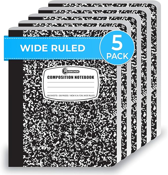 Composition Notebook Wide Ruled 5 Pack, 200 Pages (100 Sheets), 9-34 x 7-12, Back to School Supplies, Notebooks for School, Office Supplies, Notebooks for Work, The Notebook for Note Taking