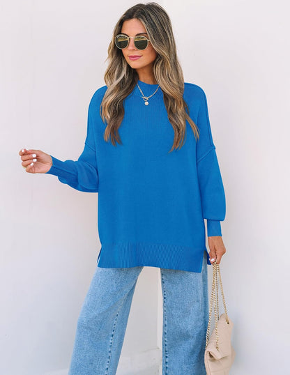 Women's Fall 2026 Casual Long Sleeve Crew Neck Side Slit Oversized Ribbed Knit Pullover Sweater Tops