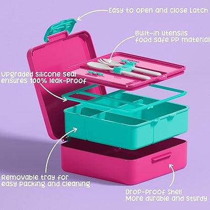 Fimibuke Bento Lunch Box for Kids, Leak Proof Toddler Bento Box with 4 Compartments BPA Free Dishwasher Safe Lunch Container with Utensils, Ideal Portion Sizes for Ages 3-12 Girls Boys for School