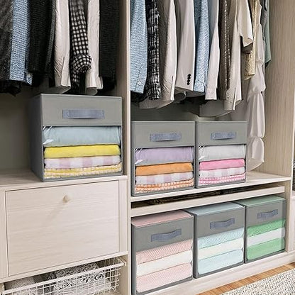 Foldable Storage Cubes Set of 2 Non-Woven Fabric Clothes Organizer with Handles Collapsible Storage Bins Clear Front Window Open-Top Storage Boxes for Shelf Closet(28  28  28cm,Grey)