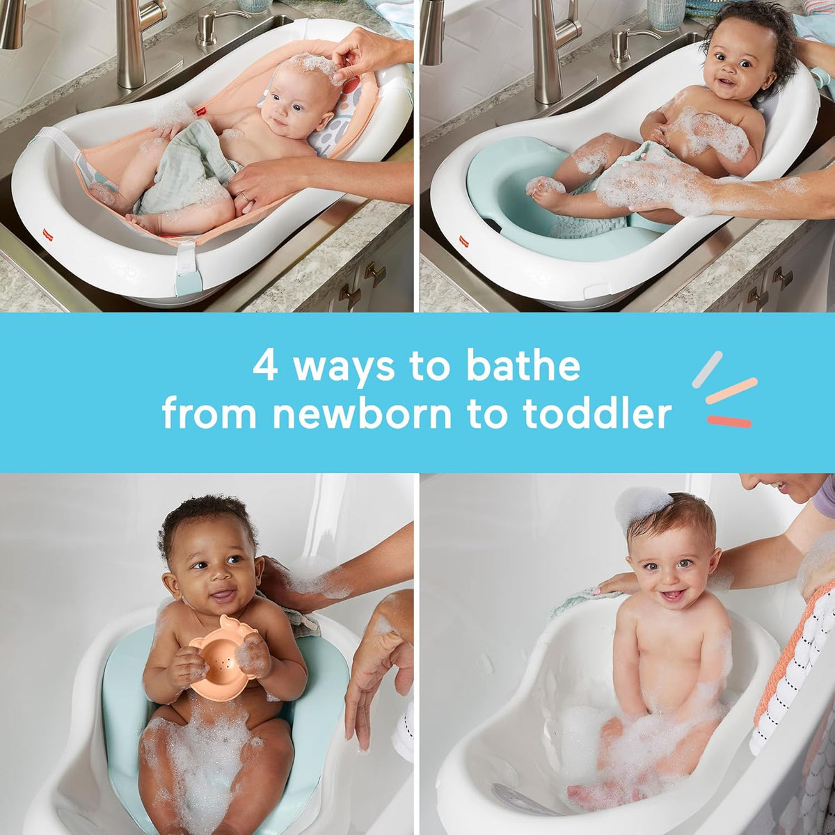 The Color is Green.Fisher-Price™ Baby to Toddler Bath 4-in-1 Sling 'N Seat Tub with Removable Infant Support and 2 Toys, Summer Blossoms
