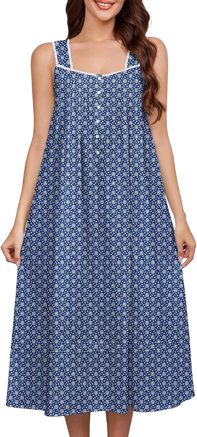 MZROCR Women's 100% Cotton Nightgown Sleeveless Night Gown with Square Neck & Buttons, A-Line Woven Night Dress for Women