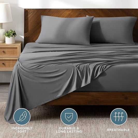 Bare Home Cooling Performance, Moisture-Wicking, Fitted 4-Way Stretch Bed Sheet (Queen, Grey)