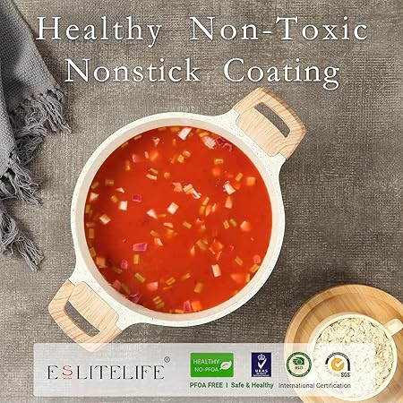 ESLITE LIFE Nonstick Stock Pot with Lid, 5 Quart Granite Casserole Large Soup Pot Pasta Cooking Pot, Induction Compatible, PTFE  PFOA Free, White