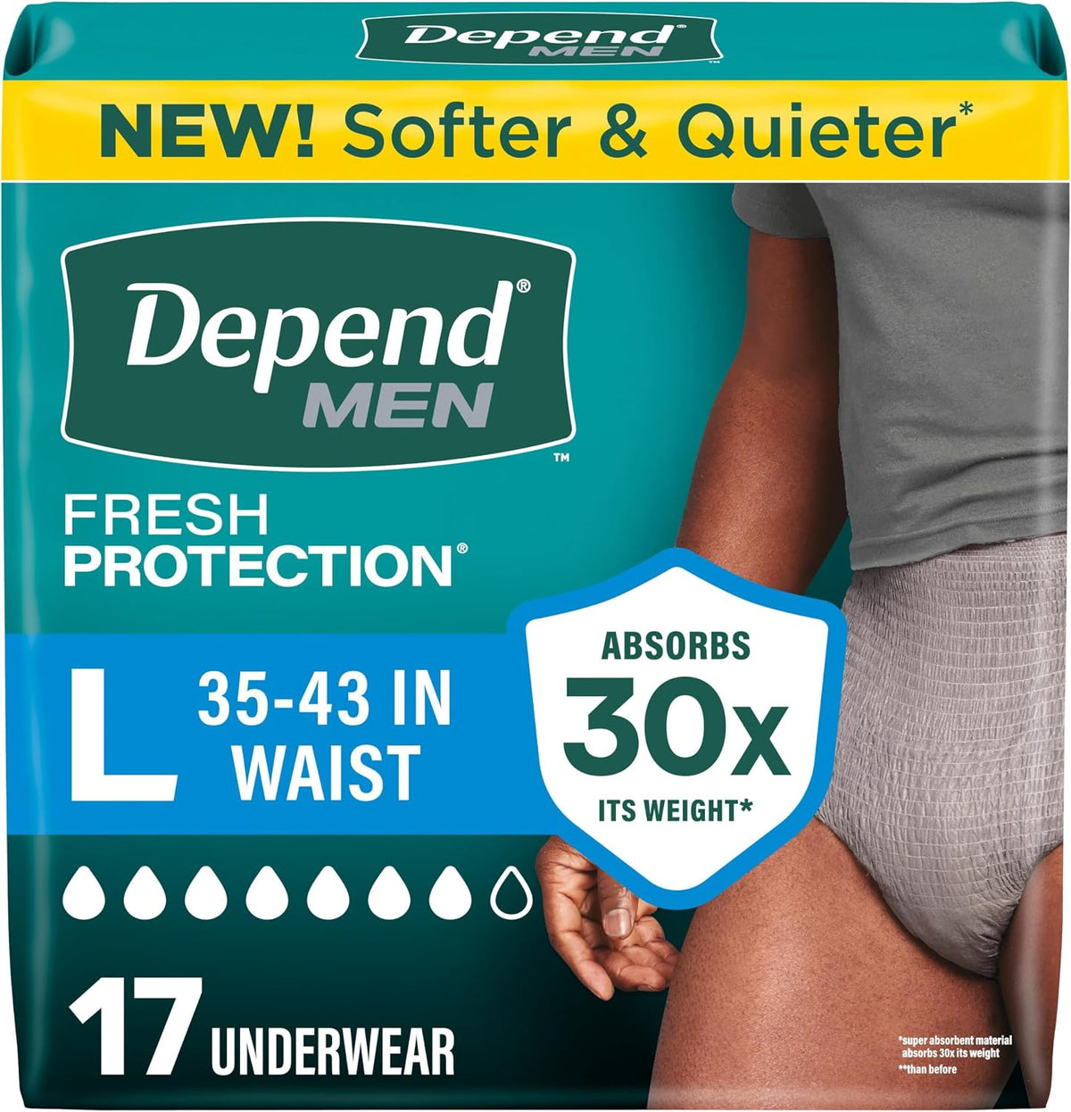Depend Fresh Protection Adult Diapers, Incontinence Underwear for Men, Disposable, Maximum, Large, Grey, 17 Count, Packaging May Vary