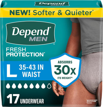 Depend Fresh Protection Adult Diapers, Incontinence Underwear for Men, Disposable, Maximum, Large, Grey, 17 Count, Packaging May Vary