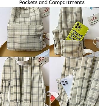 JHTPSLR Light Academia Aesthetic Backpack Plaid Preppy Backpack Teen Girls Book Bags Back to School Backpack Supplies (Light Grey)