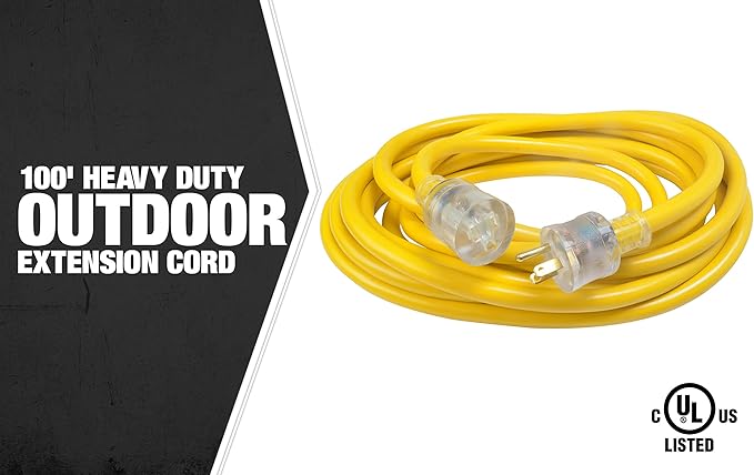 Southwire Extra Heavy Duty Extension Cord, 100Ft, 10 Gauge, 3 Conductor, Outdoor Cord, Lighted End, SJTW, Yellow, 2689SW0002