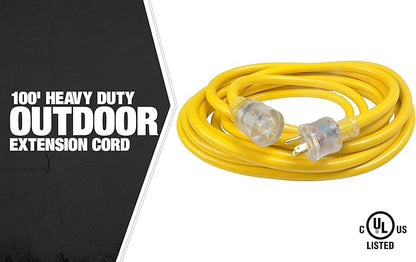 Southwire Extra Heavy Duty Extension Cord, 100Ft, 10 Gauge, 3 Conductor, Outdoor Cord, Lighted End, SJTW, Yellow, 2689SW0002