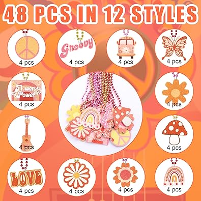 48 Pcs Groovy Beaded Necklaces Metallic Retro Hippie Boho Party Necklaces Bulk Daisy Rainbow Peace Retro Party Favors for Women Groovy Birthday Party Supplies, 12 Styles