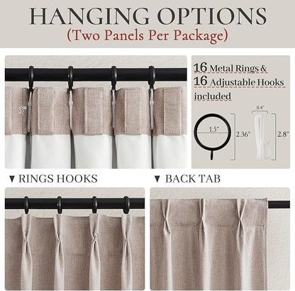 Pinch Pleated Farmhouse Curtains 100 Percent Blackout Window Dining Room Curtains 96 Inches Long Burlap Rustic Linen Drapes for Living Room Insulated with Hooks for Track System 2 Panels