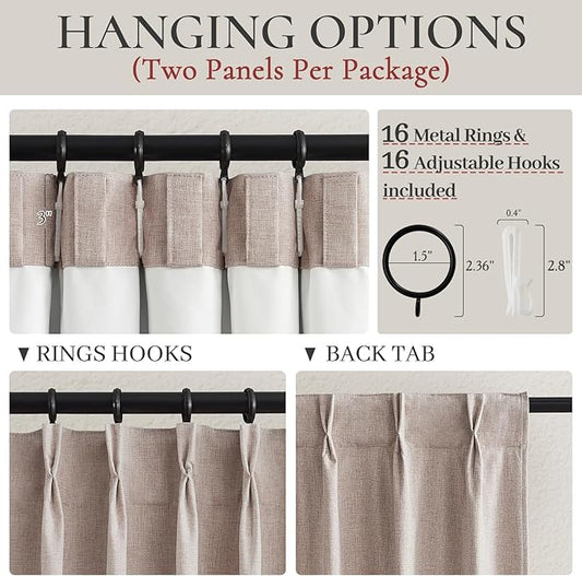 Pinch Pleated Farmhouse Curtains 100 Percent Blackout Window Dining Room Curtains 96 Inches Long Burlap Rustic Linen Drapes for Living Room Insulated with Hooks for Track System 2 Panels