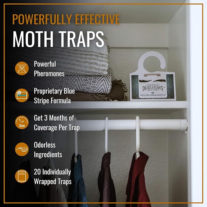 Dr. Killigan's Premium Double Potent Clothing Moth Traps with Pheromones Prime - Trap with Lure for Clothes Closets & Carpet - Case Making & Web Spinning Moth Prevention (20 Pack, White