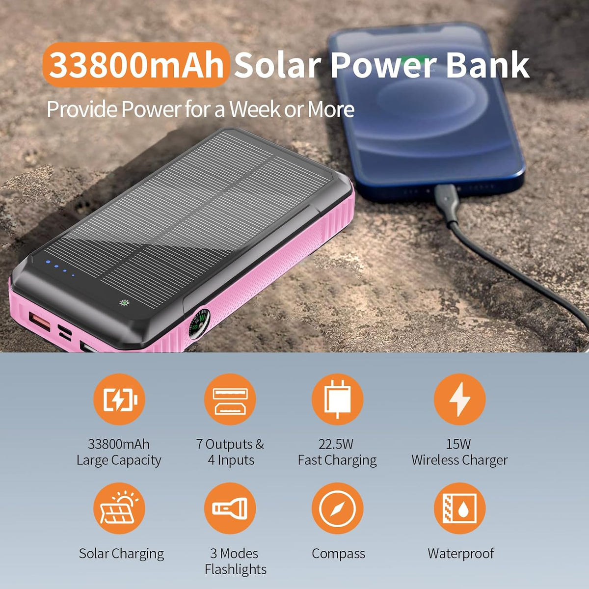 DJKK - Wireless Solar Power Bank Charger, 33800mAh, 4 Built-in Cables and 22.5W LED Camping Lights, Fast Charging Power Bank, 7 Outputs, 4 Inputs, Portable Charger