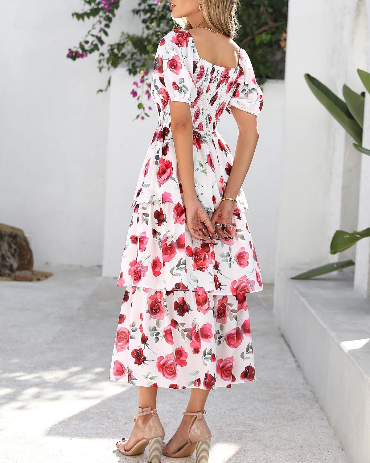 BTFBM Womens Square Neck Smocked Dress Summer Puff Short Sleeve Floral Casual Ruffle Tiered Maxi Wedding Guest Dresses