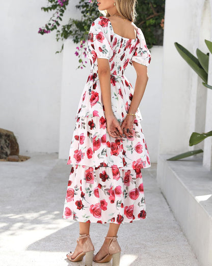 BTFBM Womens Square Neck Smocked Dress Summer Puff Short Sleeve Floral Casual Ruffle Tiered Maxi Wedding Guest Dresses