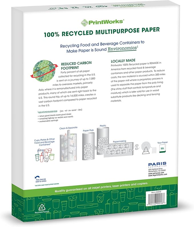 PrintWorks 100 Recycled Printer Paper 8.5" x 11" White - 20 lb Copy  Multipurpose Computer Paper - 1 Pack, 400 Sheets - Made in the USA - 92 Bright - Printer  Copier Compatible (00018)
