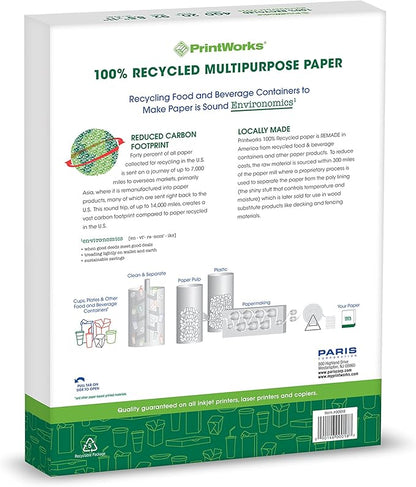 PrintWorks 100 Recycled Printer Paper 8.5" x 11" White - 20 lb Copy  Multipurpose Computer Paper - 1 Pack, 400 Sheets - Made in the USA - 92 Bright - Printer  Copier Compatible (00018)