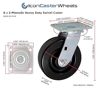 ICON Caster Wheels 6" x 2" PHN Heavy Duty Industrial Swivel Caster, Top Plate 4" x 4.5", Black, Non-Marking Phenolic Wheel, Load Capacity 1200 lbs. per Caster