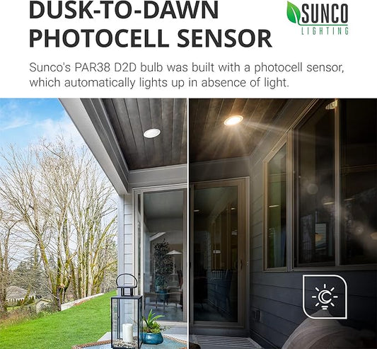 Sunco Outdoor LED Flood Light, Waterproof PAR38 Dusk to Dawn Bulb, 1250 LM, 120W Equivalent 15W, Exterior, Wet-Rated, 3000K Warm White, E26 Base, UL 2 Pack