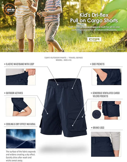 CQR Kids Youth Pull on Cargo Shorts, Outdoor Camping Hiking Shorts, Lightweight Elastic Waist Athletic Short with Pockets