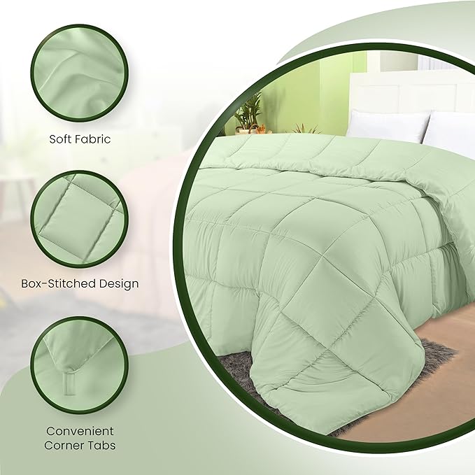 Utopia Bedding Comforters Queen Size, All Season Duvet Insert, Down Alternative Box Stitched Bed Comforter with Corner Tabs, Machine Washable (Sage Green)