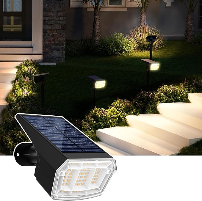 Solar Deck Lights Outdoor Waterproof Landscape Spotlights 63 LEDs 3 Lighting Modes IP65 Solar Step Lights for Outside Patio, Rails, Stairs, Step and House Decor 1 Pack Warm White