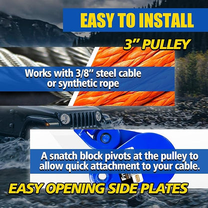 2 Ton Snatch Block with G80 Chain | 3'' Sheave for 3/8" Inch Wire Rope | Pulley Block with Shackle for Heavy Duty Towing and Recovery Equipment | Tow Truck Rollback Wrecker Car Hauler Winch