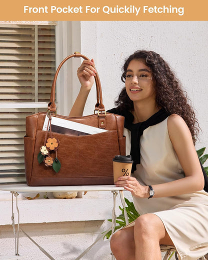 LOVEVOOK Laptop Bag for Women, Leather Vintage Work Tote Bag Computer Office Teacher Bag with Large Cup Holder