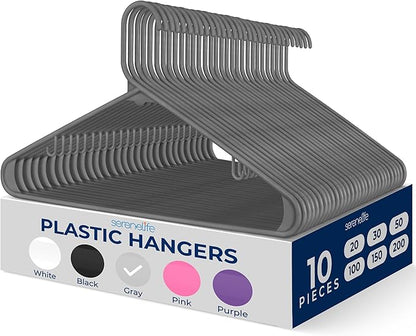 SereneLife Premium 10 Pack Plastic Hangers, Lightweight, Durable, Space Saving Clothes Organizers, Suitable for Shirts, Sweaters, Hoodies, Dresses, Kids Clothes, Good for Home Organization (Gray)