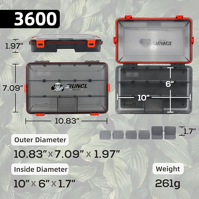 RUNCL Fishing Tackle Box, Waterproof Airtight Stowaway, 36003700 Tray Tackle Box with Adjustable Dividers, Plastic Storage Organizer(4pcs 3600)
