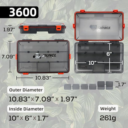 RUNCL Fishing Tackle Box, Waterproof Airtight Stowaway, 36003700 Tray Tackle Box with Adjustable Dividers, Plastic Storage Organizer(4pcs 3600)