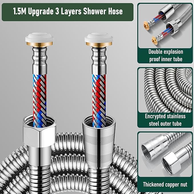 Shower Hosei14Upgrade 3 Layers Stainless Steel Shower Tubei14Anti-Kink and Leak-Proofi14High Pressure Resistancei14Easy DIY Replacementi14Universal G 12 Connection. (1.5M59inches)