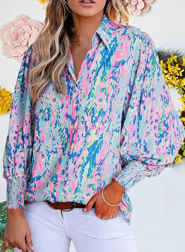 Button Down Shirts for Women Dressy Lantern Long Sleeve Blouses Printed Casual Loose Colorful Blouse Work Tops