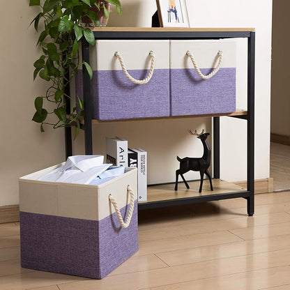 PRANDOM Large Foldable Cube Storage Bins 11x11 inch 4-Pack Fabric Linen Storage Baskets Cubes Drawer with Cotton Handles Organizer for Shelves Nursery Closet Bedroom Purple