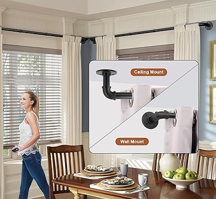 Industrial Curtain Rods for Windows 48 to 84, 2 Pack 1 Inch Heavy Duty Curtain Rods, IndoorOutdoor Curtain Rod 48-84 inch, Wrap Around Blackout Curtain Rod, Rustic Black Drapery Rods