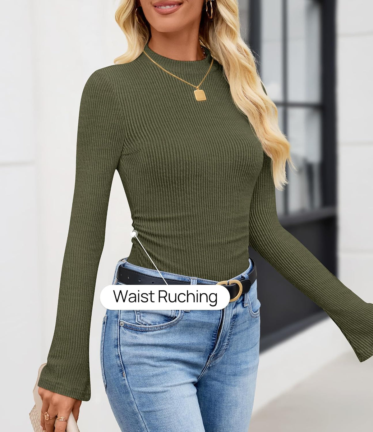 ZESICA Women's Long Sleeve Business Casual Shirts 2026 Fall Mock Neck Ribbed Dressy Tops Slim Fit Outfits Ruched Clothes.