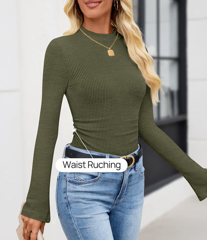 ZESICA Women's Long Sleeve Business Casual Shirts 2026 Fall Mock Neck Ribbed Dressy Tops Slim Fit Outfits Ruched Clothes.