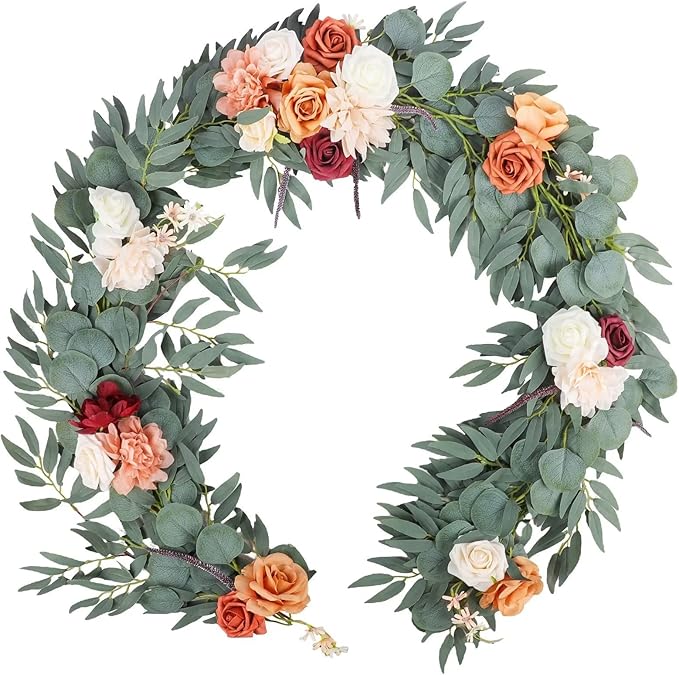 Emivery Artificial Eucalyptus Garland with Flowers, Terracotta Flowers Wedding Table Runner Floral Arrangements for Fall Wedding Ceremony Backdrop Arch Centerpieces