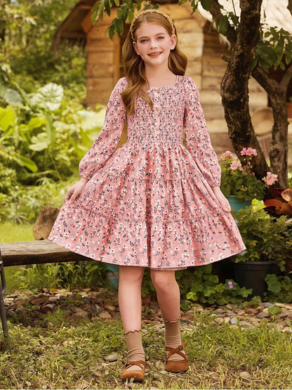 GRACE KARIN Girls Fall Long Sleeve Floral Christmas Teen Dress Size 6-14 | Suitable for Thanksgiving Casual Winter Holiday Party Flower School,Smocked,Midi,Fancy,Buttons,Ruffles,Tiered,Tween,Kids.