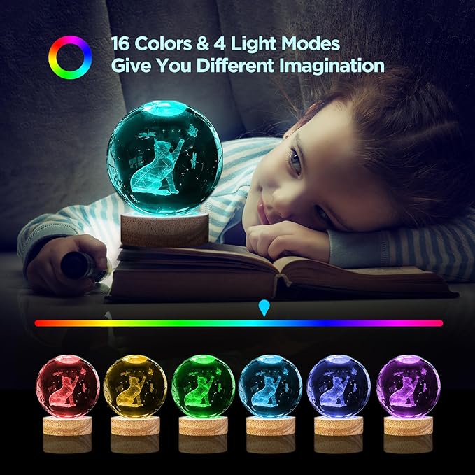 Crystal Ball Night Light Cat Lamp, 3.15 Inch Cat Figurines with 16 Color Wooden LED Base, Birthday