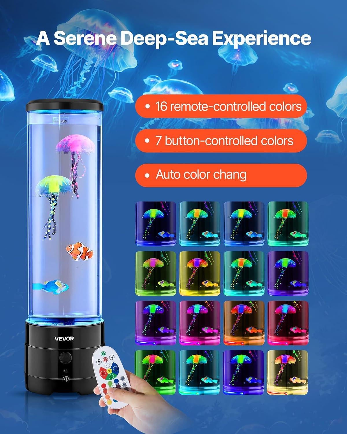 VEVOR Sensory Bubble Tube Lamp, 16 Color Changing Light Effects, Water Fish Lamp with Built-in Bluetooth Speaker & White Noise, Fake Aquarium Tank Night Light for Bedroom Living Room Home Decor ( does not come with 2JelltFish-2Fish-1JellyFish Hook )