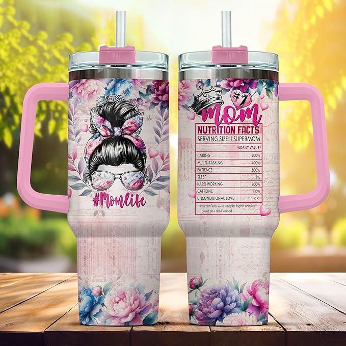 To Rose Handle Parade For Steel Flower Mommy Eleven Momma Mama Funny, Mom Gifts, Mom Life Messy Bun Floral Nutrition Facts, Tumbler 40 Oz With Handle Lid And Straw
